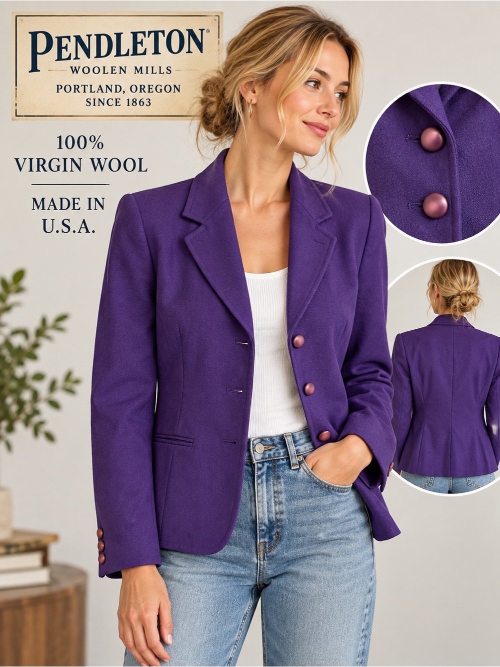 Vintage Pendleton Purple Virgin Wool Blazer Jacket Women’s Size 10 Made in USA